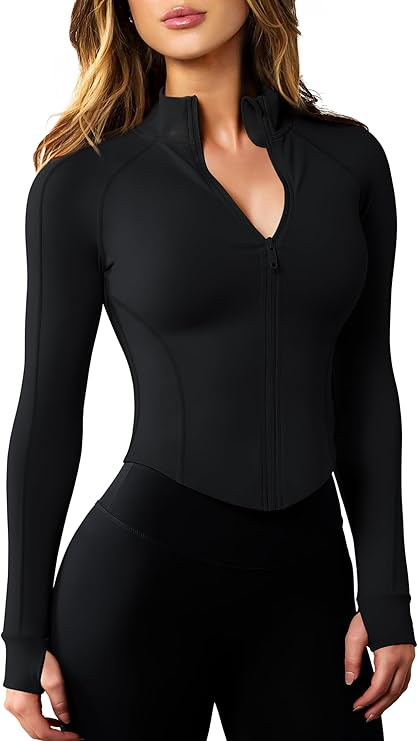 Chaqueta Deportiva Mujer Ligera Cremallera Corta Ajustada Yoga Fitness con Agujeros para Pulgar