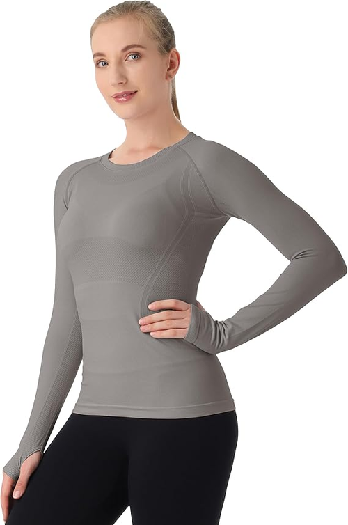 Camiseta Deportiva Mujer Sin Costuras Manga Larga Ajustada Transpirable con Agujeros para Pulgar Yoga Fitness