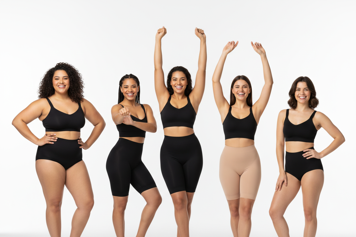 穿着塑身衣的女性们自信展现自己，要求背景是白底