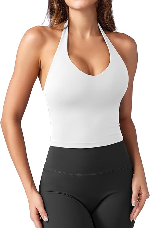 Top Corto Mujer Halter Escote V Deportivo Sin Mangas Acolchado Verano Casual Trendy Espalda Descubierta