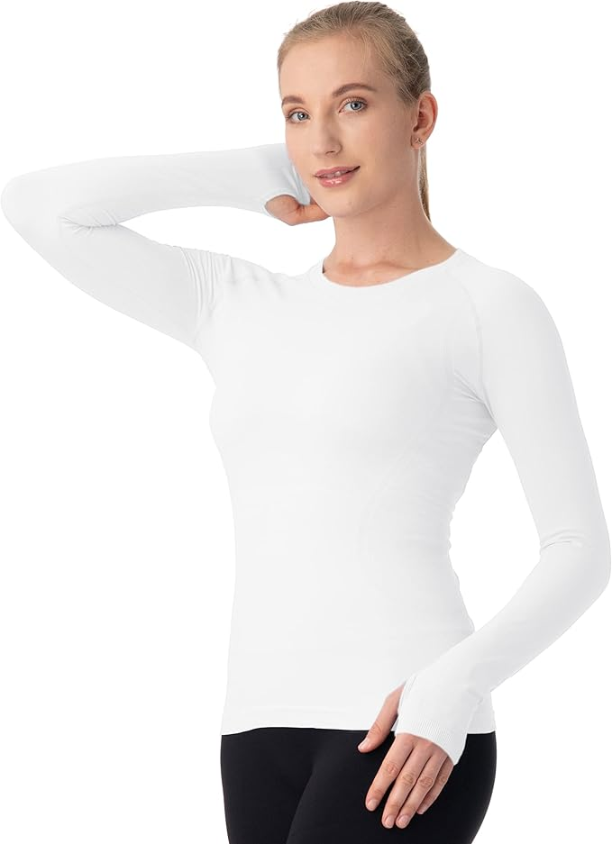 Camiseta Deportiva Mujer Sin Costuras Manga Larga Ajustada Transpirable con Agujeros para Pulgar Yoga Fitness