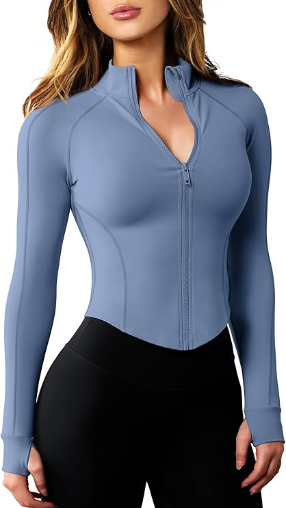 Chaqueta Deportiva Mujer Ligera Cremallera Corta Ajustada Yoga Fitness con Agujeros para Pulgar